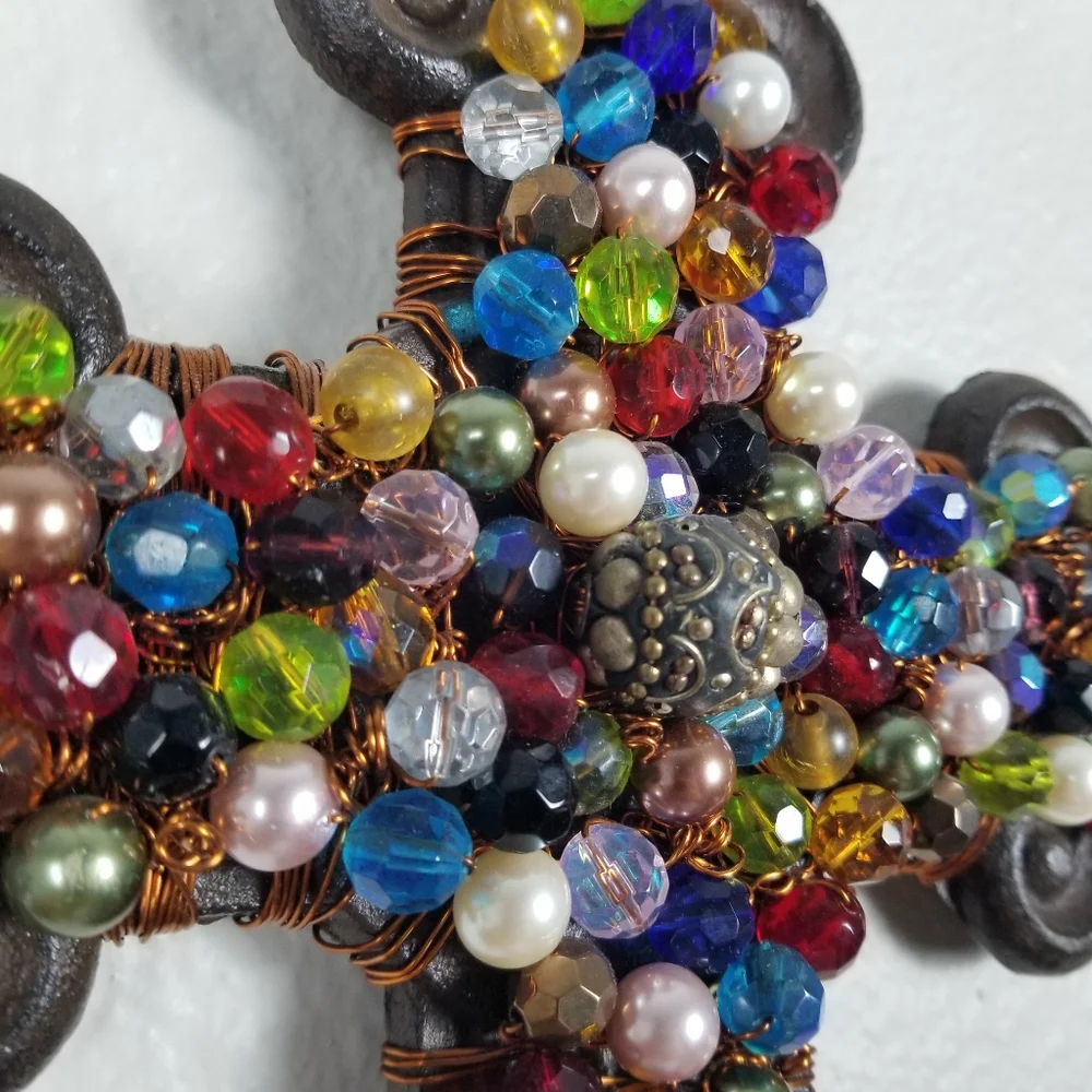Vintage Metal Multi-Colored Beaded Wire Holiday Art Wall Cross Decoration